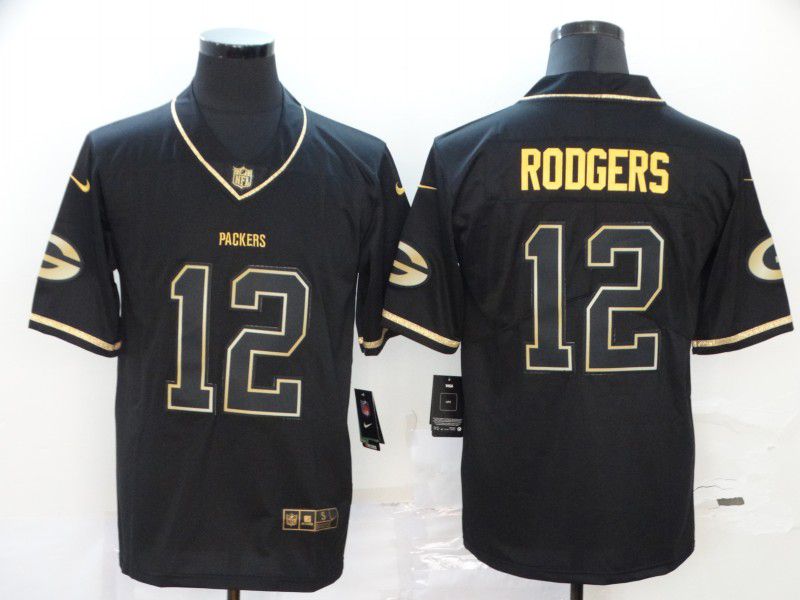Men Green Bay Packers 12 Rodgers Black Retro gold character Nike NFL Jerseys